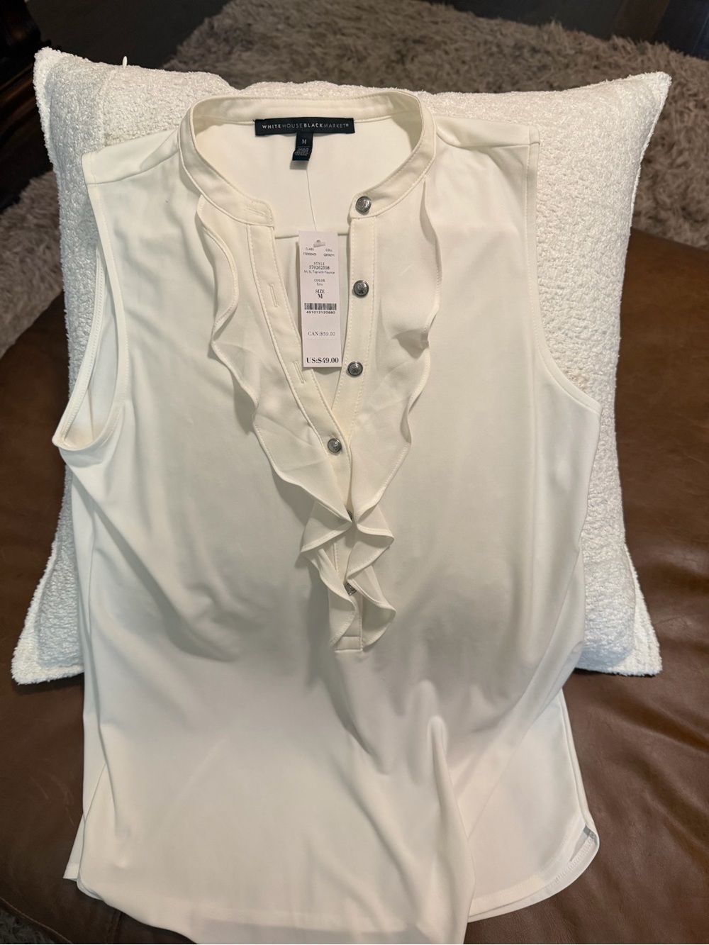 White House Black Market Ivory Ruffle-Front Sleeveless Top